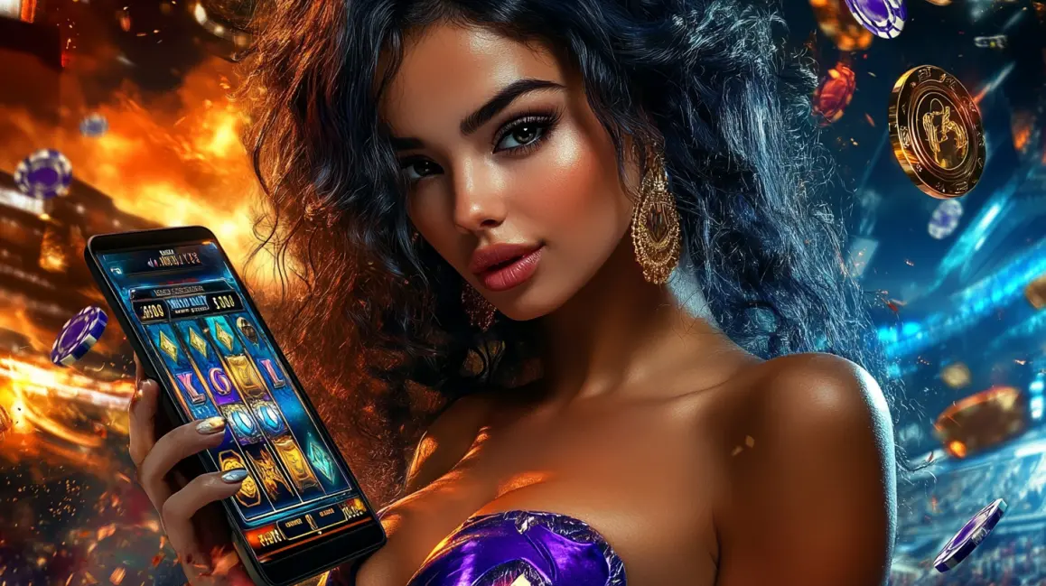 Experience the Rich Rewards at JL18 Casino. A glamorous woman with flowing hair smiles in a vibrant casino, with golden coins and chips floating around her, representing the rich rewards and exciting atmosphere at JL18.