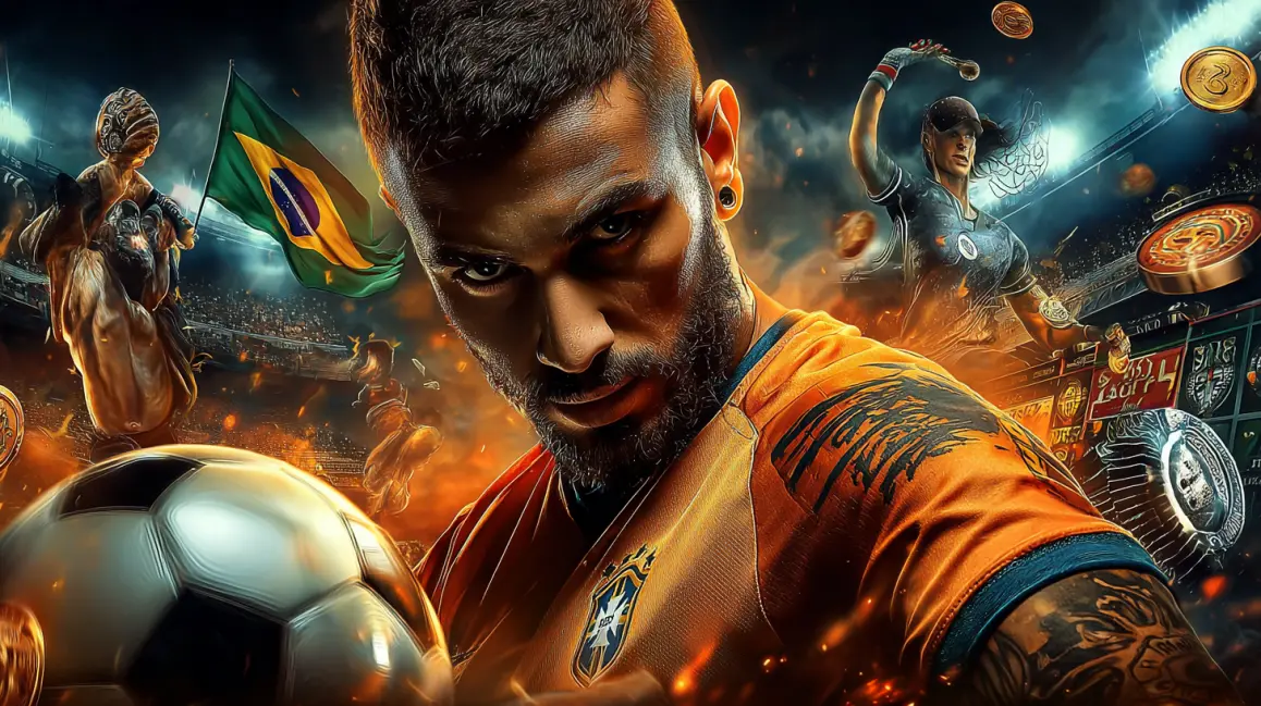 Bet on Brazilian Football with Passion at JL18. A Brazilian football player is ready for action, with a soccer ball and the Brazil flag in a packed stadium, representing the passion of sports betting at JL18.