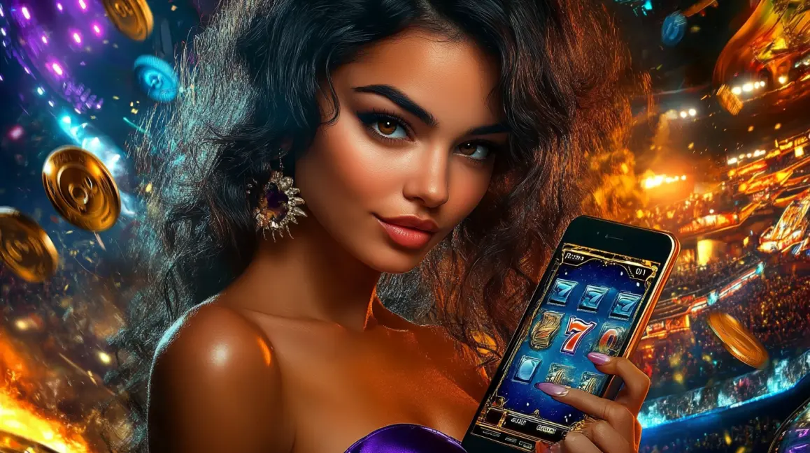 Win Big with Sports and Slots at JL18. A woman in a stadium holds a phone showing a 777 jackpot, with coins flying around her, blending the excitement of live sports with the thrill of casino wins at JL18.