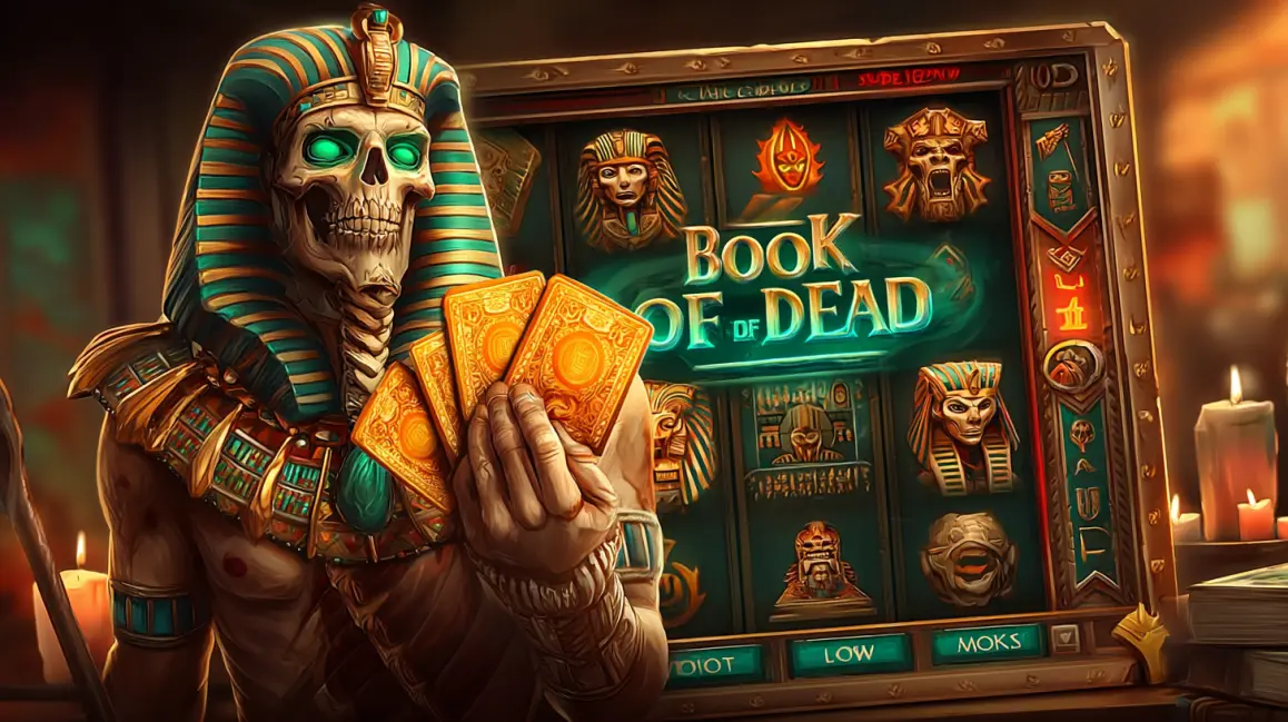 Uncover Ancient Treasures in Book of Dead at JL18. An undead Egyptian pharaoh from the 'Book of Dead' slot game holds a winning hand of cards, inviting you to uncover ancient treasures and big wins at JL18.