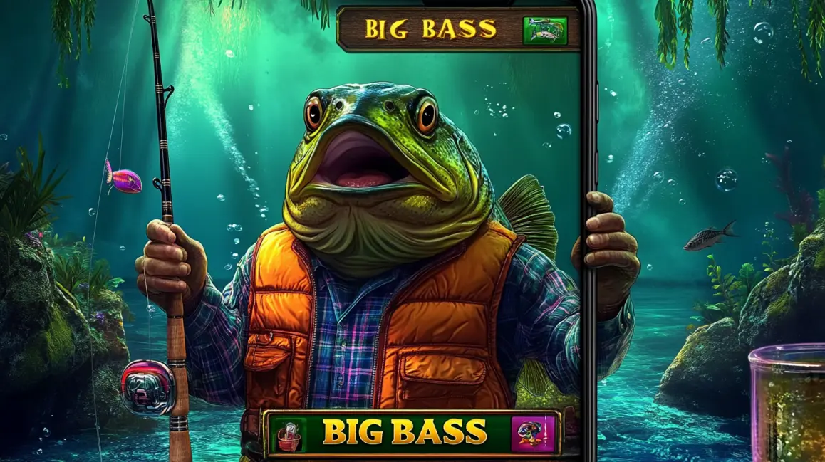 Hook a Big Win with Big Bass Slots at JL18. A huge frog in a fishing vest holds a rod in the 'Big Bass' slot game, a fun and rewarding fishing adventure with big catches waiting for players at JL18.