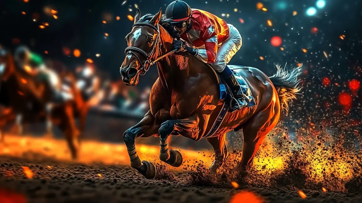 Bet on High-Stakes Horse Racing at JL18. A jockey gallops on a powerful horse, with sparks flying from its hooves, representing the high-stakes speed and excitement of horse race betting on the JL18 platform.