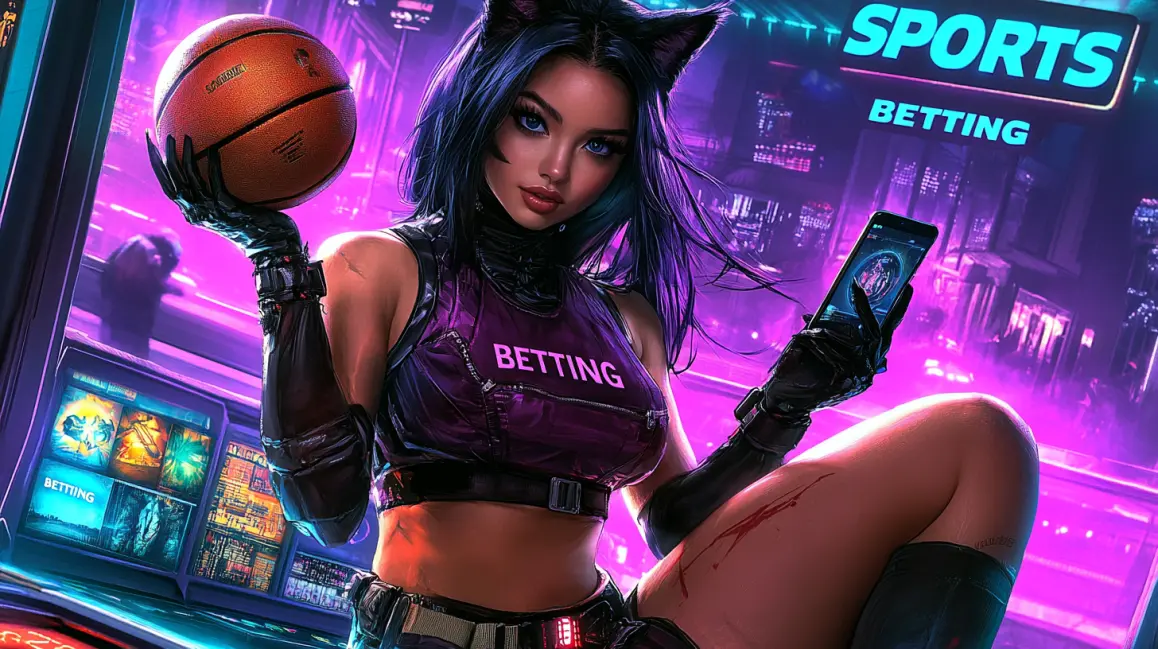 Bet on Basketball in a Futuristic Arena | JL18. A woman with cat ears and a 'BETTING' top holds a basketball in a futuristic arena, ready to bet on the big game using the high-tech JL18 mobile sports app.