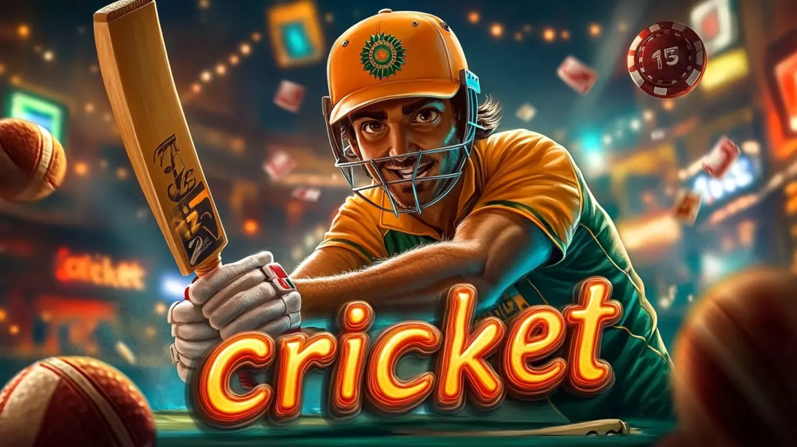 Join the Cricket Action and Win Big at JL18. A professional cricket player is ready to bat in a stadium, with a wooden 'Cricket' sign, inviting you to join the action and bet on the game with JL18.