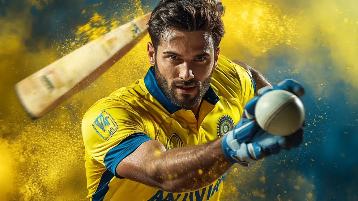 Bet on Dynamic Cricket Action at JL18. A cricket player in a yellow jersey bowls the ball with explosive energy, capturing the dynamic action and big betting opportunities you can find at JL18.