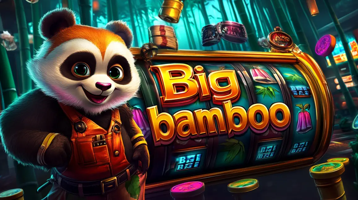 Play the Popular Big Bamboo Slot at JL18. A cute red panda in a stylish jacket stands next to the 'Big Bamboo' slot machine, one of the most popular and rewarding animal-themed games you can play at JL18.