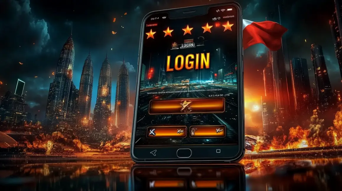 Log In to a World of High-Octane Action at JL18. A phone with a futuristic 'LOGIN' screen is set against a burning city skyline, inviting you to log in to the high-octane world of gaming and betting at JL18.