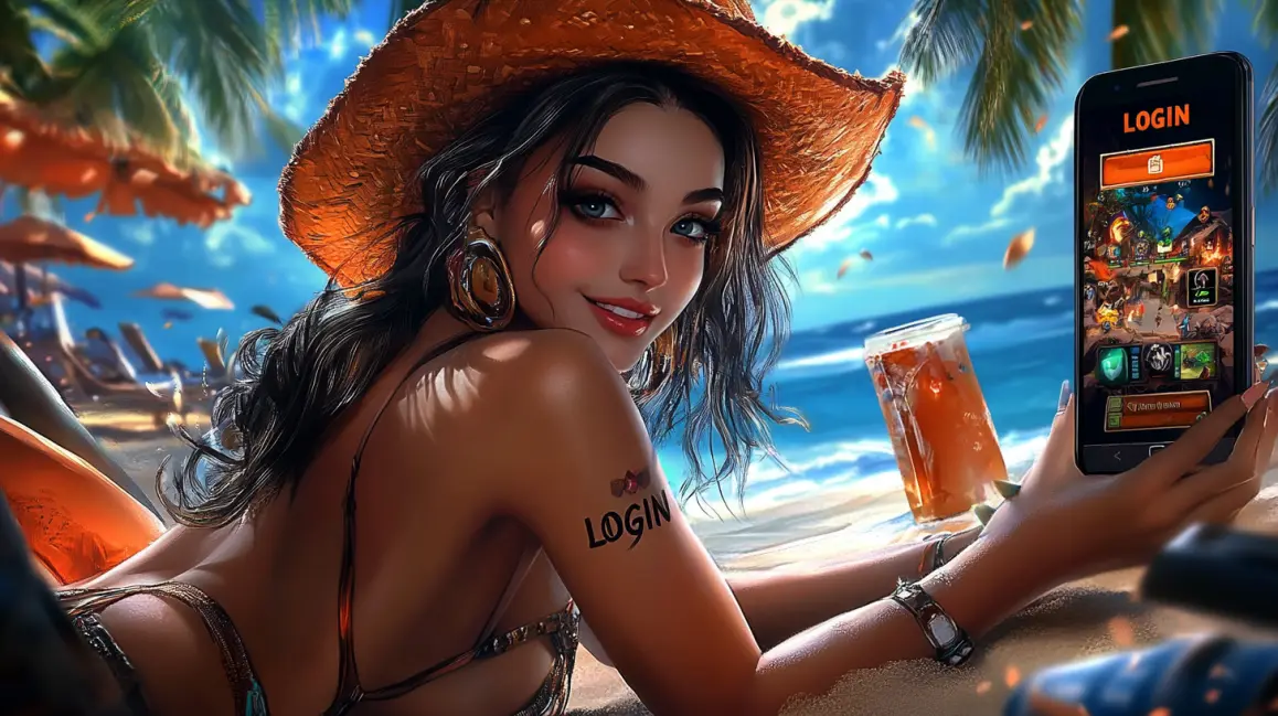 Login and Play from Paradise with JL18. A woman relaxes on a beautiful beach while using her phone to log in to the JL18 app, showcasing the freedom to play exciting games and win from anywhere.