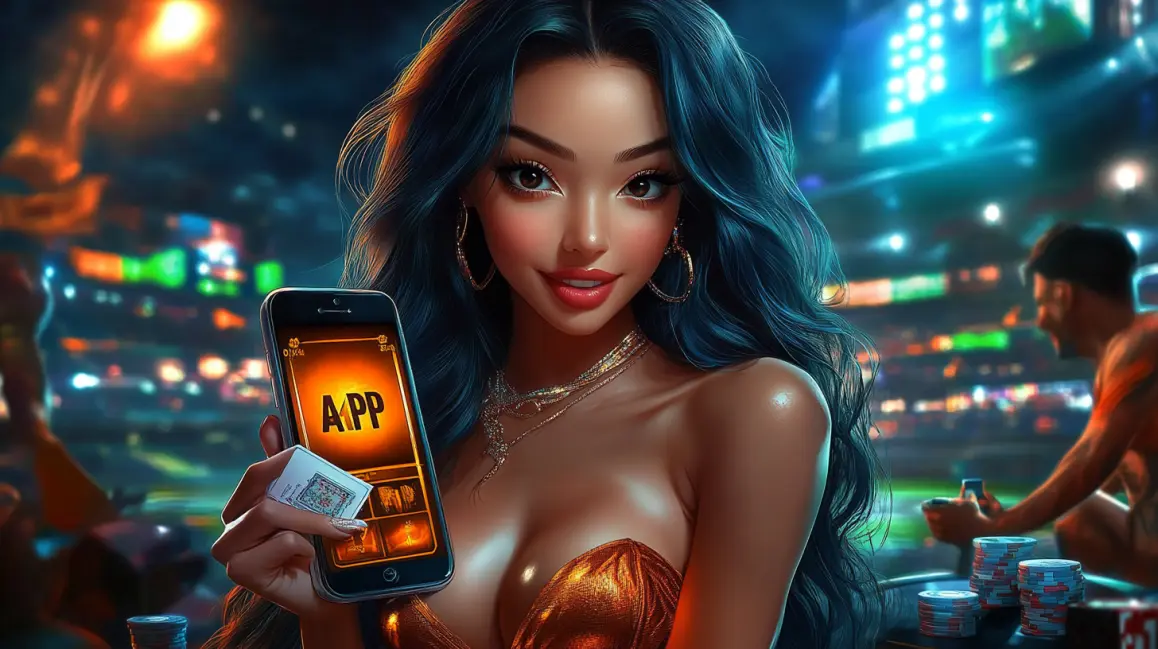 Your All-Access Pass to Sports Betting | JL18. In a packed stadium, a smiling woman holds up her phone, showing the JL18 app, your all-access pass to live sports betting and instant, in-play wagers on every game.