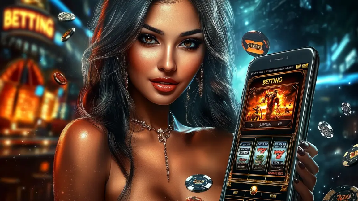 Bet on Exciting Slots and Win Big at JL18. A woman in a vibrant casino holds up a phone showing a thrilling slot game with a 'BETTING' button, inviting you to spin the reels for big wins and jackpots at JL18.